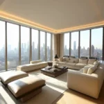 5 BHK Indiabulls Sky Worli Modern Luxury Living room with L Sofas and City View and Sunlight