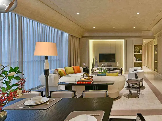 5 BHK Rustomjee Crown Prabhadevi Wide Angle View of Elegant Living Room