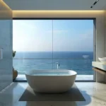 Sugee Marina Bay Worli 4 BHK Bathroom With Freestanding Bathtub Counter Sink Glass Window And Towel Rail