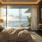 Sugee Marina Bay Worli 4 BHK Bedroom With Bed Sofa Side Table Glass Balcony Doors And Curtains