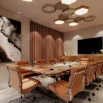 Sugee Marina Bay Worli Meeting Room With Long Table Rolling Chairs Wall Screen And Ceiling Lights