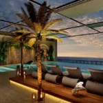 Sugee Marina Bay Worli Pool Deck With Reclining Loungers Palm Trees Floor Lights And Glass Railing