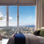 Piramal Aranya Byculla 3 BHK Bedroom Scenic View With Bed Facing Glass Windows