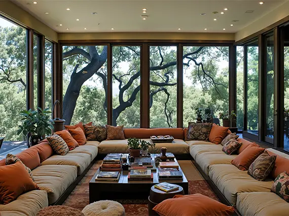 Mountain retreat 4 BHK Villa Karjat Living Room with Sofas surrounded by Greenery