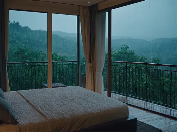 Mountain Retreat Karjat 4 BHK Villa View from Bedroom of Misty Monsoon Greenery