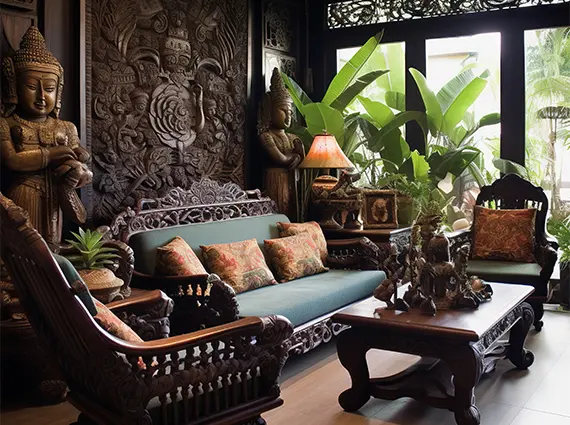 Istana Santai Nashik 3 BHK Villa Living room with Heavy Oriental Sofas Statue