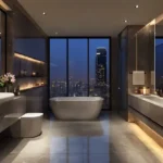4 BHK Godrej Trilogy Worli Modern Bathroom with Elegant Tile Decor Night View