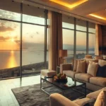 4 BHK Godrej Trilogy Worli Modern Living Room with Stunning Sea View Sunset