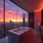 Sobha Inizio Parel 3 BHK bathroom with Tub Featuring Mumbai City Bathed in Warm Red Evening Glow