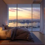 3 BHK Serenova Four Bungalows Versova Bedroom Interior with Comfy Bed Overlooking Evening Sky