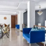 6 BHK Villa Deccan Hills Lokhandwala Complex Khandala Lonavala Blue Sofa Glass Railing Living Room