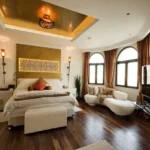 Agami Legends Bandra East 4 BHK Arched Windows Curved Sofa Bedroom