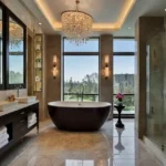The Peak Karjat 4 BHK Villa Elegant Chandelier Bathroom