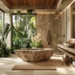 Isprava Aleta Colvale Goa 4 BHK Bathroom With Stone Bathtub Near Glass Windows