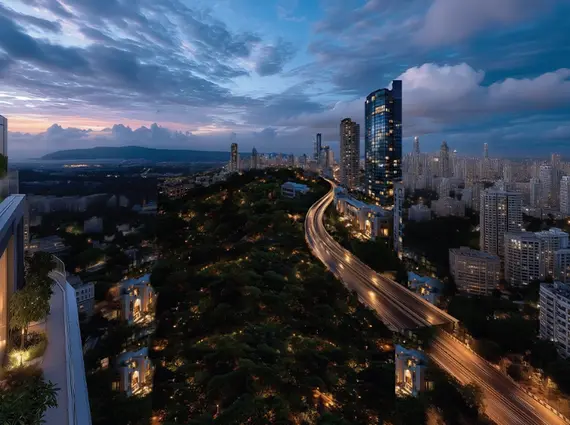 Runwal Forevergreen Kanjurmarg Urban Skyline With Elevated Road At Dusk