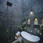 6 BHK Villa Awas Alibaug Outdoor Bathroom Freestanding Bathtub Stone Walls