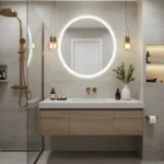 Rustomjee La Vie Thane 2 BHK Backlit Round Mirror Gold Fixture Bathroom