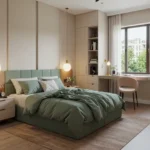 Rustomjee La Vie Thane 3 BHK Sage Green Pendant Lit Bedroom