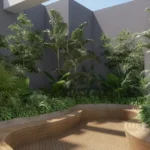 Rustomjee La Vie Thane Curved Wood Bench Lush Terrace Garden