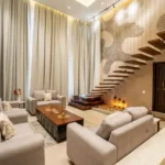 8 BHK Villa Luxe Riviera Candolim Goa Double Height Mural Wall Floating Stair Grey Living Room