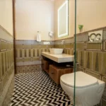 8 BHK Villa Luxe Riviera Candolim Goa Olive Chevron Tile Vessel Sink Glass Shower Bathroom