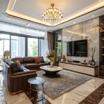 Aaradhya Onepark Sindhu Wadi Ghatkopar East 3 BHK Opulent Hall Interior With Leather Sofa Set And Grand TV Panel Wall