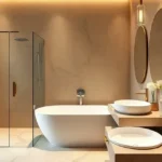 Aaradhya Onepark Sindhu Wadi Ghatkopar East 3 BHK Minimalist Washroom Interior Including Oval Tub And Golden Accents