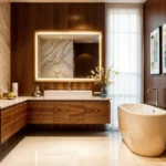 Aaroha La Safira Candolim Goa Bathroom With Freestanding Bathtub Wooden Vanity Mirror