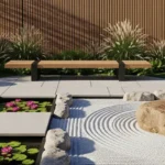 Avant Park West Vile Parle Peaceful Zen Garden Area With Water Feature Stone Landscaping And Outdoor Seating