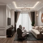 Birla Taranya Airoli Thane Belapur Road 3 BHK Living Room With Sofa Seating Decorative Wall Panels Chandelier Lighting