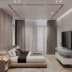 Crest Golfshire Chembur Colony Chembur 3 BHK Bedroom With Wall Mounted TV Floating Console And Floor To Ceiling Curtains