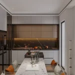 Crest Golfshire Chembur Colony Chembur 3 BHK Kitchen With Marble Dining Table Sleek Cabinets And Warm Lighting Setup