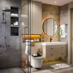 Icon By Merx Jacob Circle Mahalaxmi 3 BHK Bathroom Interior With Glass Shower Round Mirror Stylish Vanity