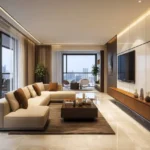 Icon By Merx Jacob Circle Mahalaxmi 3 BHK Living Room Interior With Balcony View Modern Sofa Seating TV Wall And Premium Design