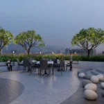 Icons 71 Union Park Open Terrace Dining Area With Table Seating City Skyline And Evening Lighting