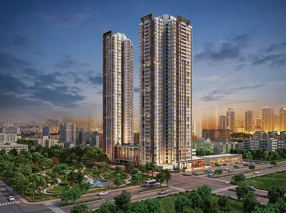 Kalpataru Vienta Kandivali East residential towers with modern high rise architecture landscaped surroundings and city skyline view