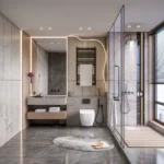 Lakhani Empire Dynasty Panch Pakhadi Thane 3 BHK Premium Bathroom Interior With Glass Shower Floating Vanity And Warm Lighting