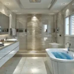 Promesa Fremont Lalbaug Parel 3 BHK Modern Bathroom With Bathtub Marble Wall Texture And Bright Interiors