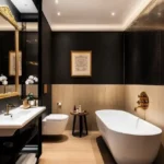 romesa Fremont Lalbaug Parel 3 BHK Premium Bathroom With Freestanding Bathtub Vanity Counter And Black Gold Decor