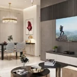 Raunak Centrum Sion 3 BHK Dining Space With Elegant Lighting Modern Furniture And TV Wall