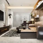 Raunak Centrum Sion 3 BHK Living Room With Leather Sofa Wooden Panel Wall And Modern TV Unit
