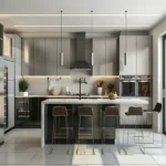 Rustomjee Prive MIG Colony Bandra East 3 BHK Grey Island Bar Stool Pendant Light Modular Kitchen