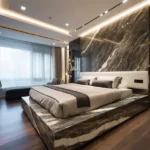 Rustomjee Prive MIG Colony Bandra East 3 BHK Marble Feature Wall Platform Bed Wood Floor Bedroom
