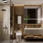 Shelton Elite Gulmohar Road Juhu 3 BHK Modern Bathroom With Wooden Paneling And Glass Shower Area