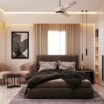 Sheth Vasant Lawns Thane 3 BHK Bedroom With Neutral Tones Upholstered Bed And Built In Wardrobe