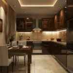 Sheth Vasant Lawns Thane 3 BHK Kitchen With Modular Cabinets Dining Table And Warm Lighting Finish