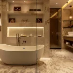 The Chapter Vaijali Alibaug 3 BHK Bathroom With Marble Walls Freestanding Tub And Glass Partition