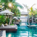 The Chapter Vaijali Alibaug Outdoor Pool Area With Palm Trees Wooden Deck And Lounge Seating