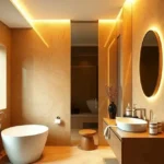 The Manor Babulnath Dadi Seth Lane Malabar Hill 4 BHK Bathroom Interior With Warm Lighting Round Mirror Vanity Counter