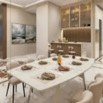The Manor Babulnath Dadi Seth Lane Malabar Hill 4 BHK Dining Area With Marble Dining Table Upholstered Chairs Open Layout And Premium Interior Design